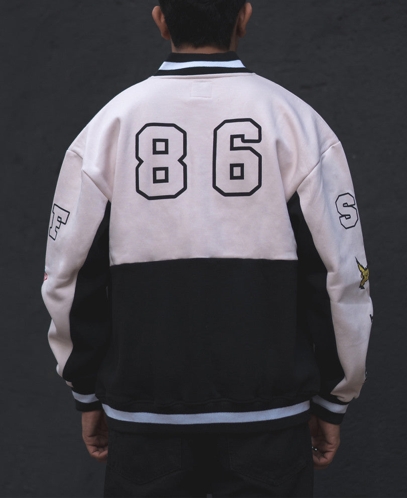Beige and Black Motor Psycho Oversized Varsity Jacket