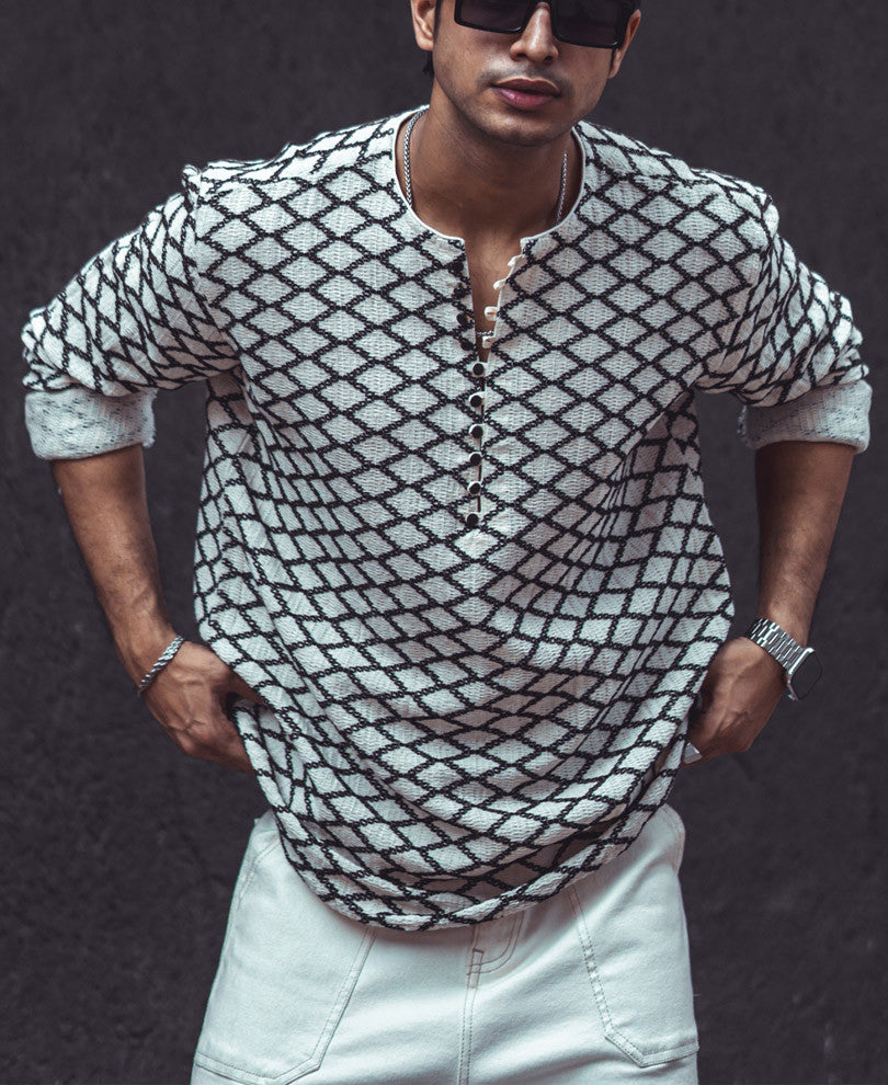 White Structured Rhombi Full Sleeves Kurta Style Shirt