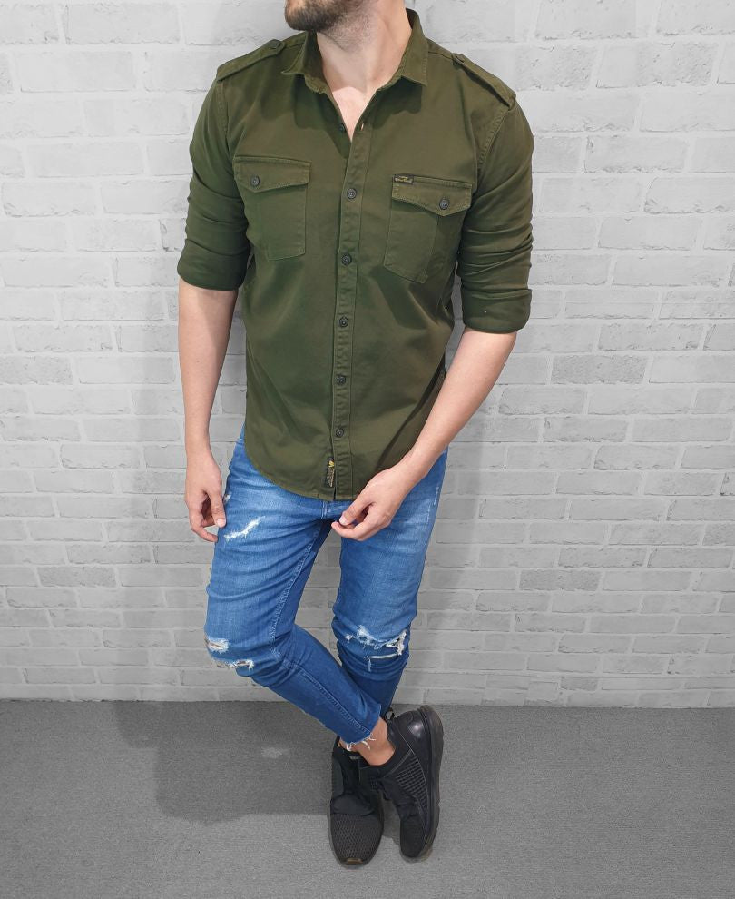 Olive Green Plain Denim Shirt