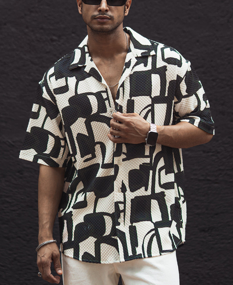 Black and White Structured Printed Half Sleeves Oversized Shirt