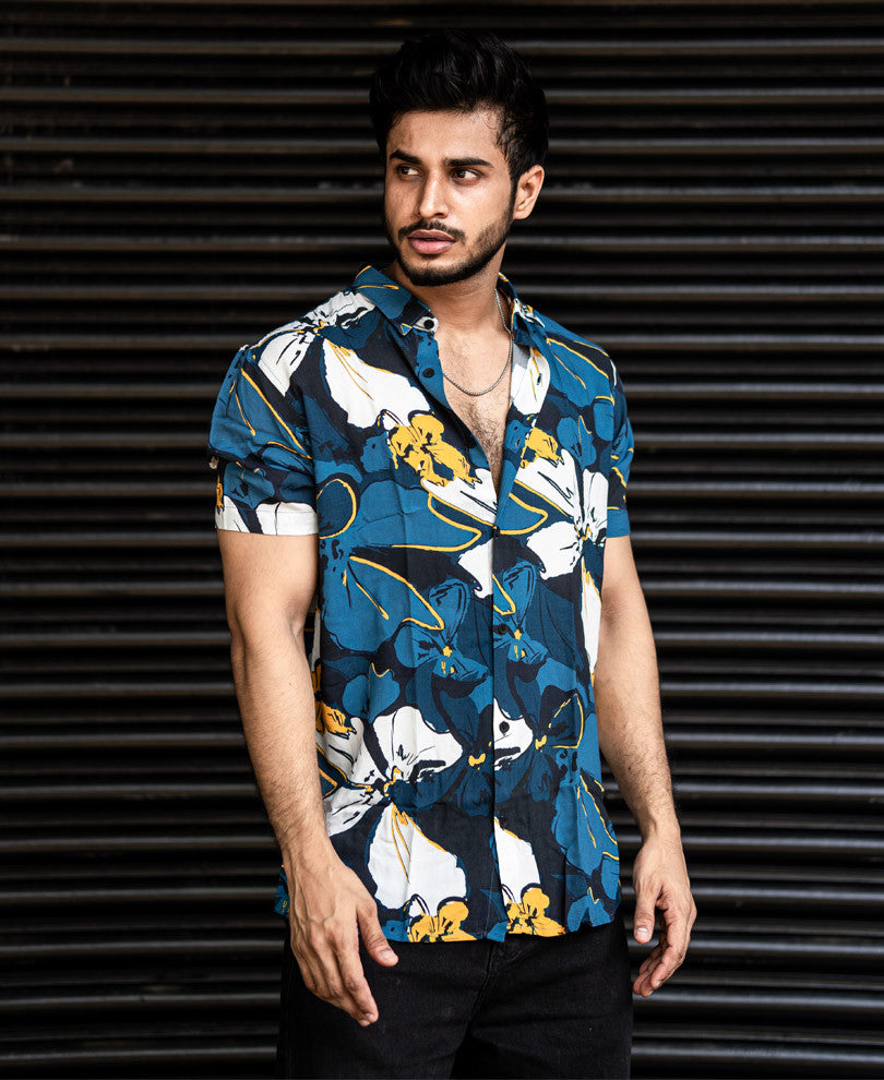 Blue And White Flower Print Half Sleeves Shirt