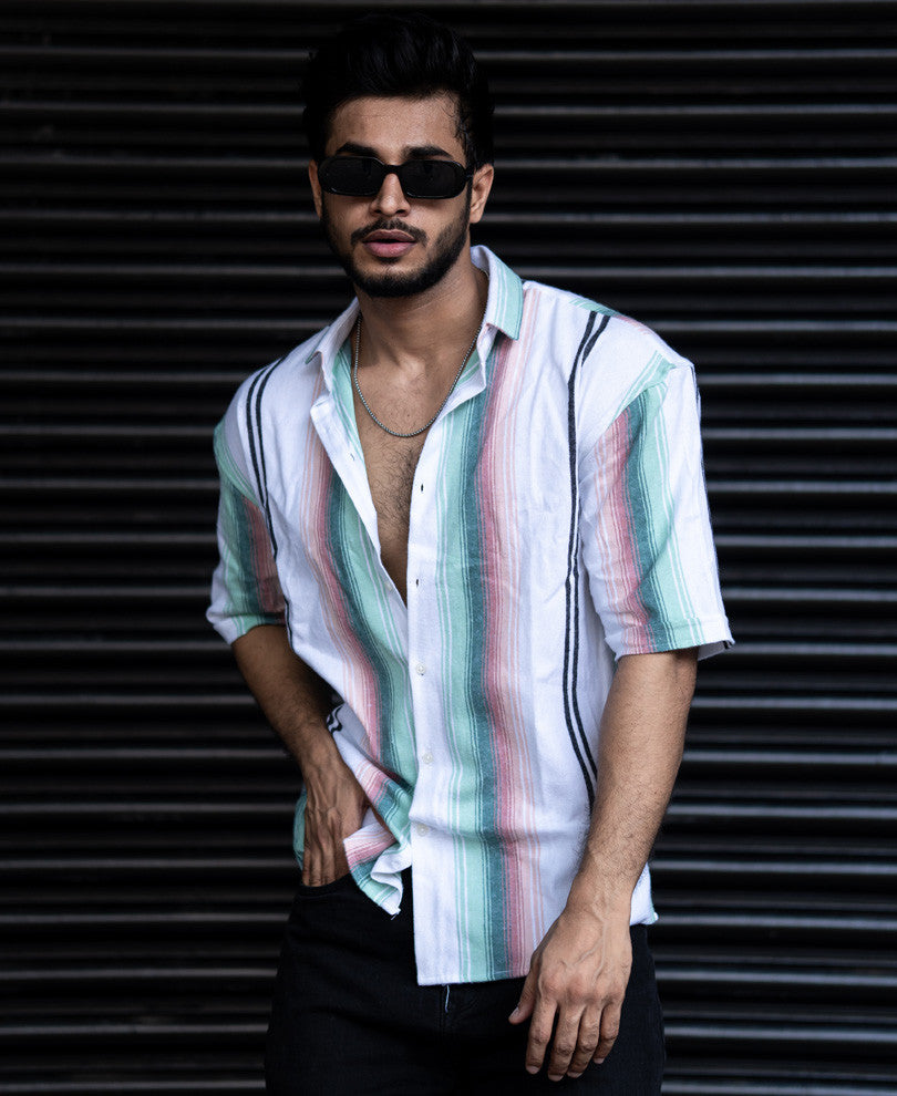 White And Green Vertical Stripes Half Sleeves Shirt