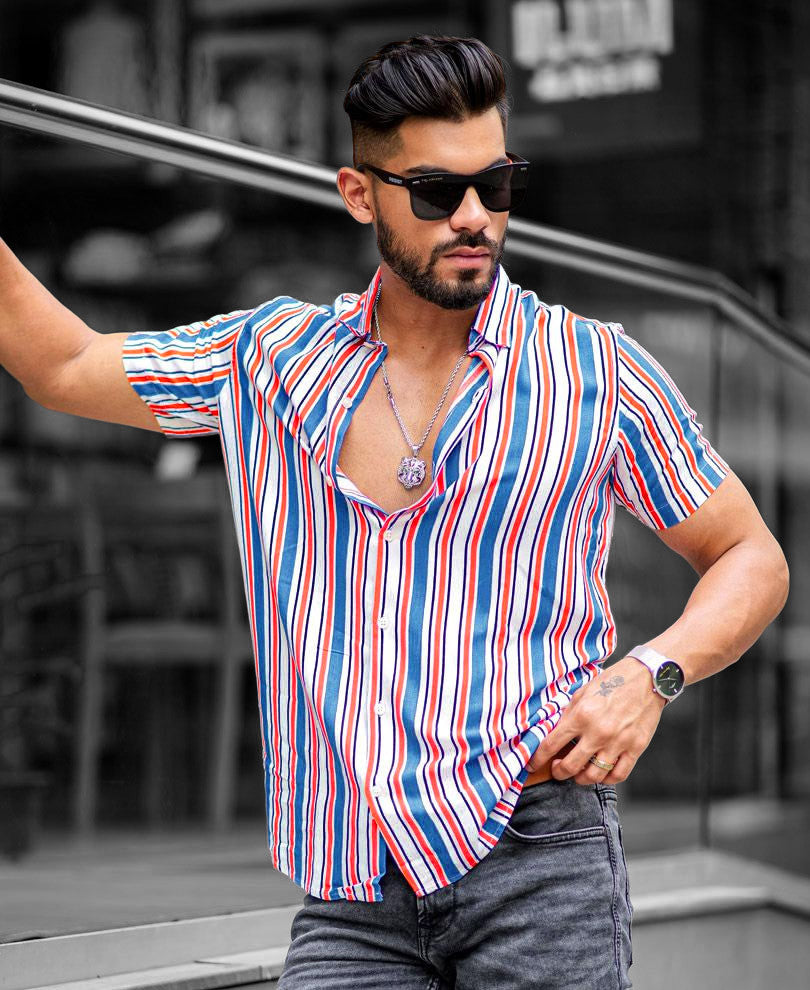 White With Multi Color Vertical Stripes Half Sleeves Shirt
