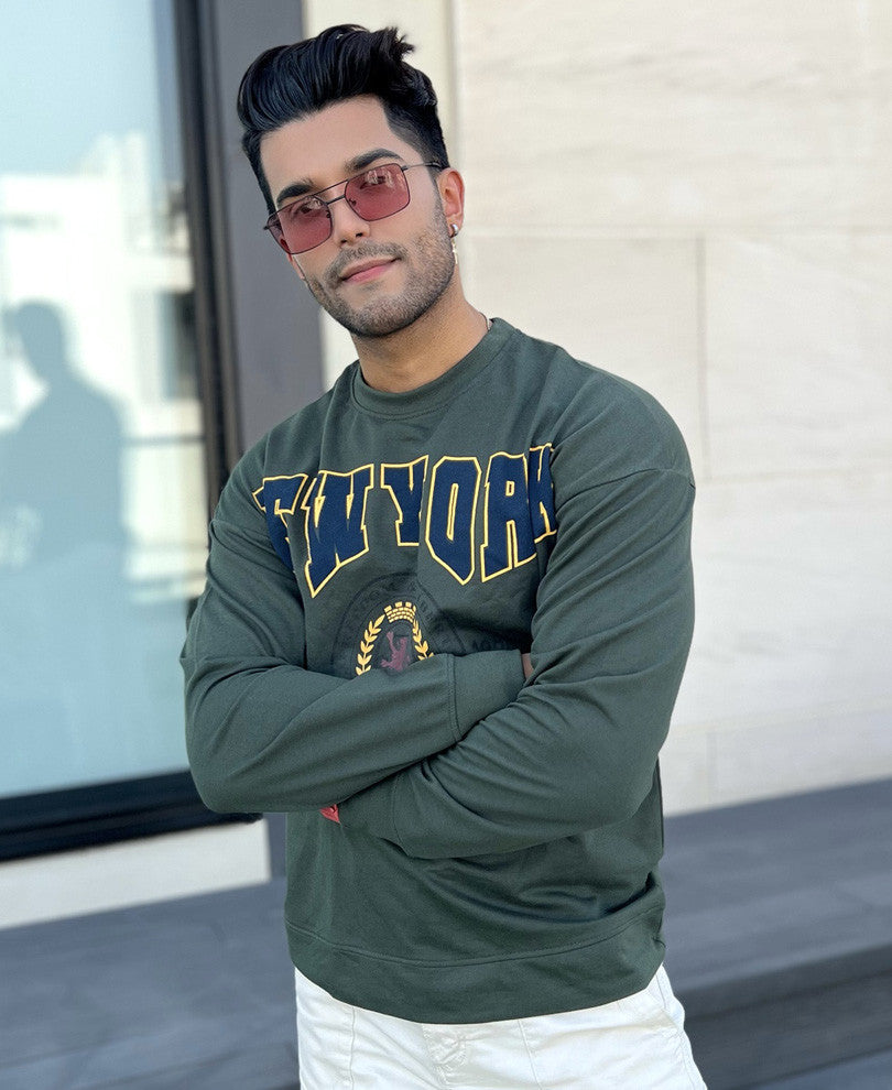 Olive Green New York Print Oversize Drop Shoulder T Shirt