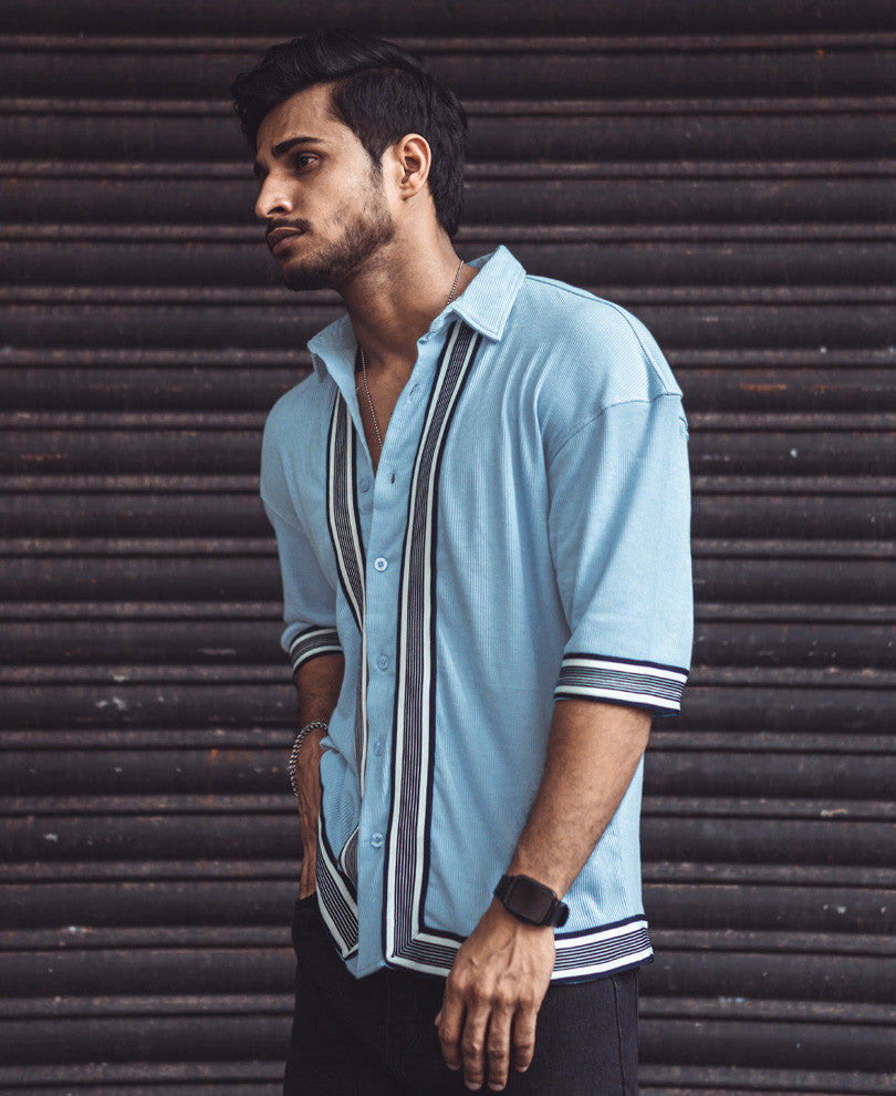 Sky Blue Button Style Oversize Drop Shoulder T Shirt