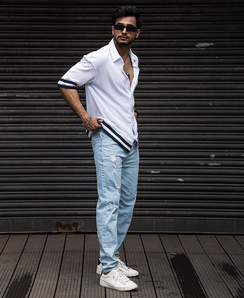 White Button Style Oversize Drop Shoulder T Shirt