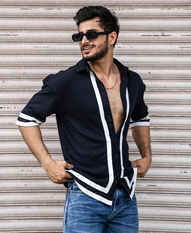 Navy Blue Button Style Oversize Drop Shoulder T Shirt