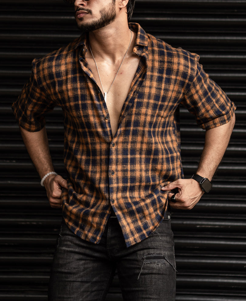 Mustard and Blue Checks Oversize Drop Shoulder Shirt