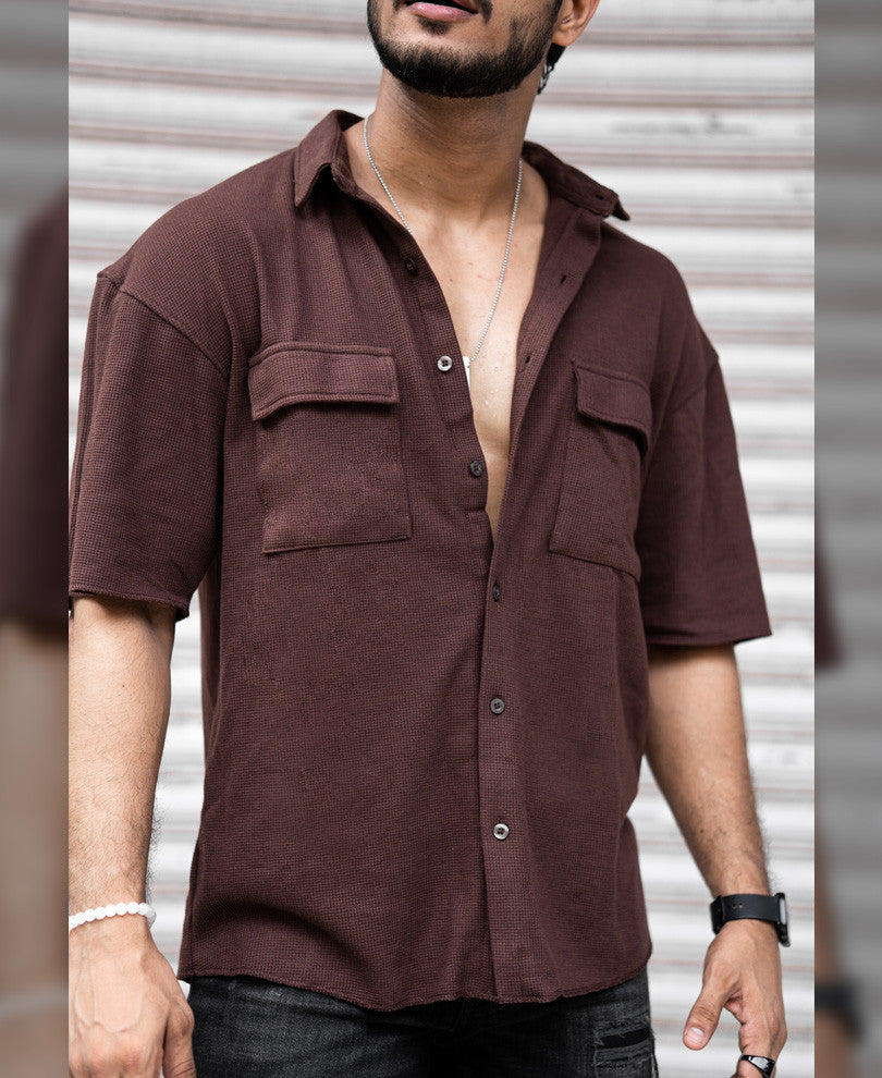 Dark Brown Chest Pocket Oversize Drop Shoulder Shirt