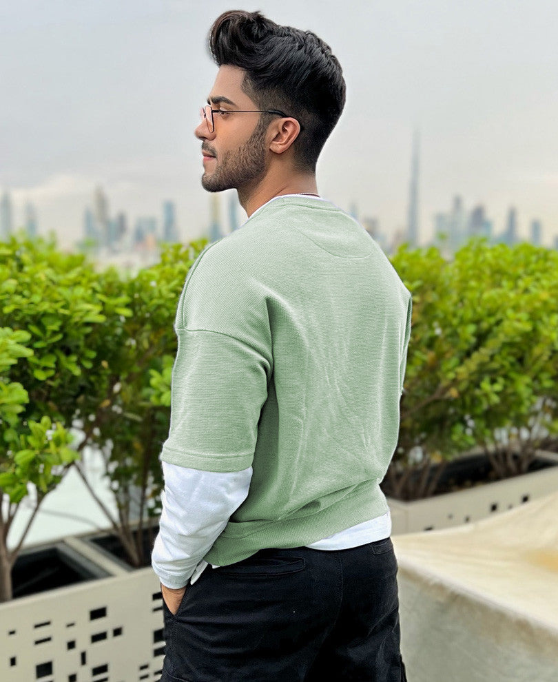 Pista Green With White Panel Attached Oversize Drop Shoulder T Shirt