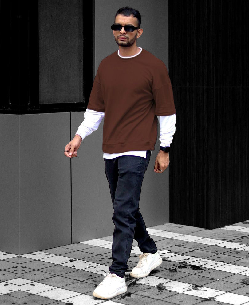 Brown With White Panel Attached Oversize Drop Shoulder T Shirt