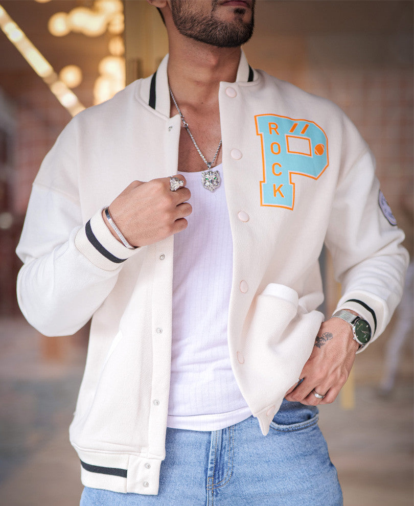 Cream Varsity Baseball Oversize Drop Shoulder Jacket