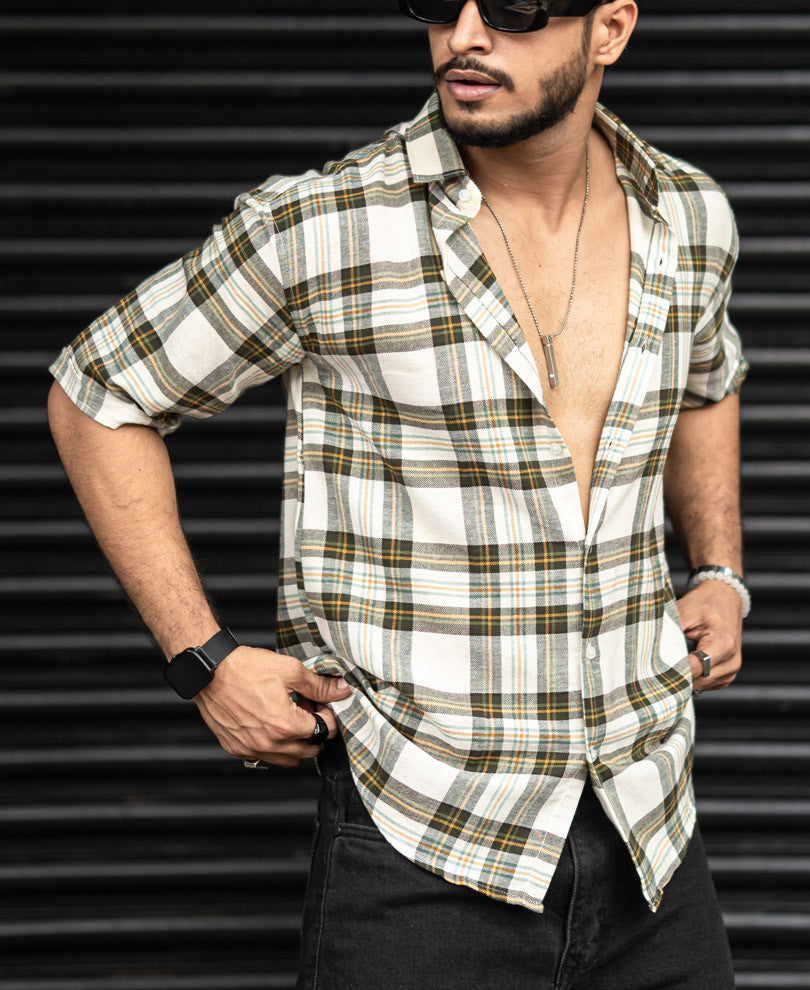 Cream Checks Print Oversize Drop Shoulder Shirt
