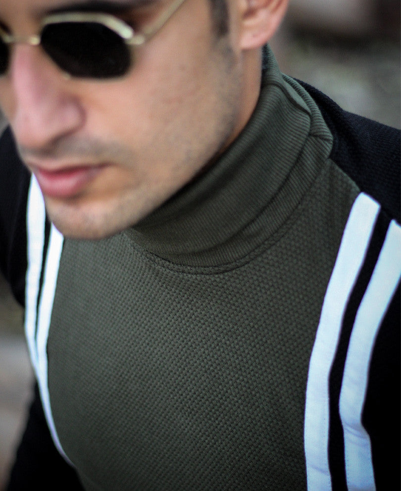 Olive Green Multi Stripe Polo Neck Full Sleeves T Shirt