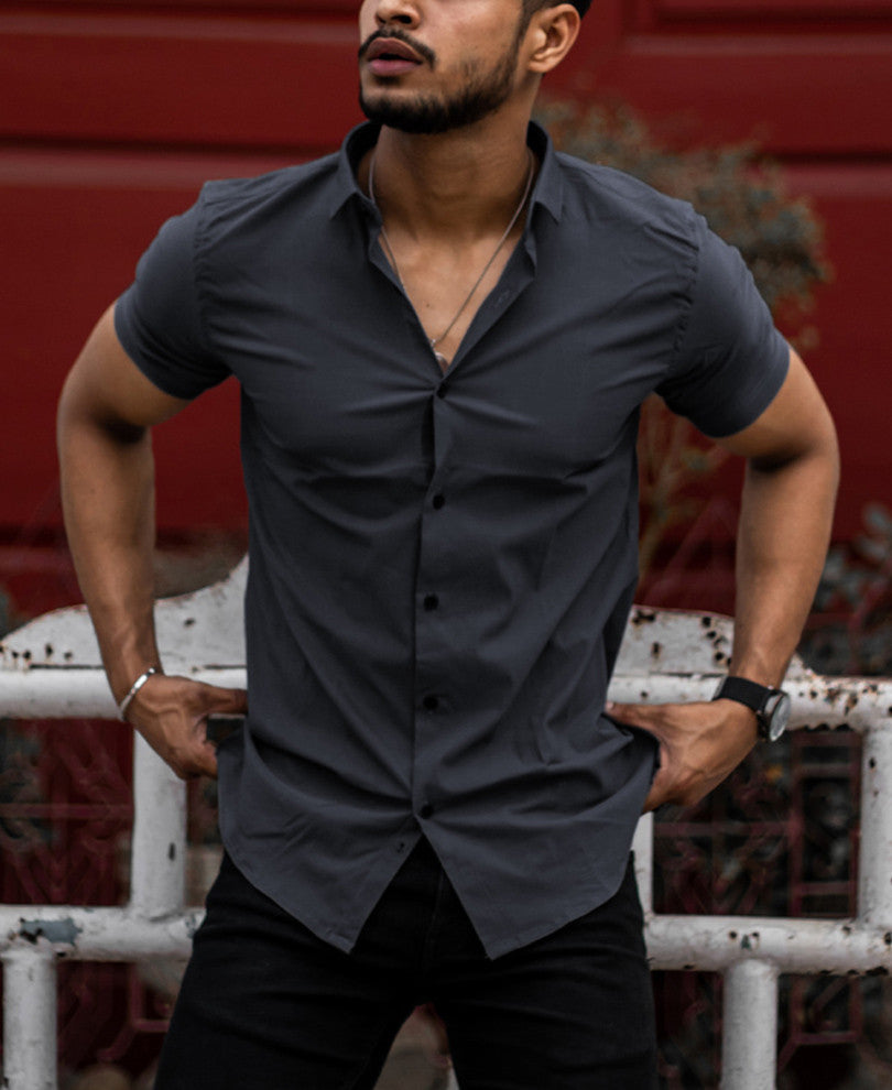 Urban Dark Grey Stretchable Solid Half Sleeves Shirt