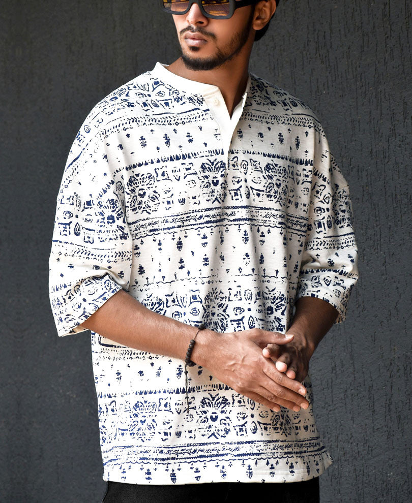White Ancient Print Henley Oversize Drop Shoulder T Shirt