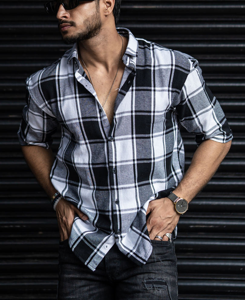 Black And Grey Checks Oversize Drop Shoulder Shirt