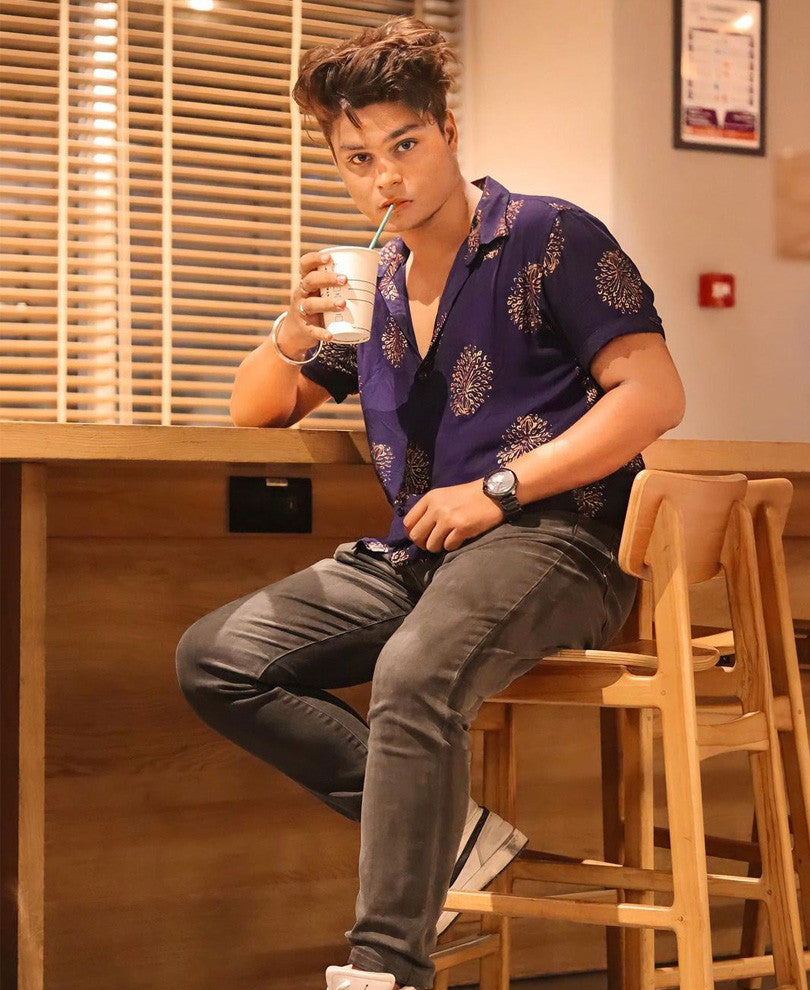 Urban Navy Blue Printed Half Sleeves Shirt