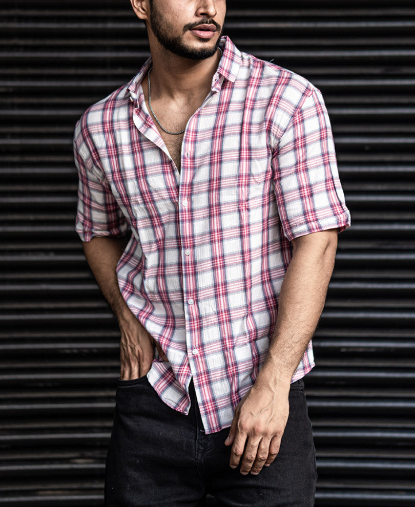 Pink And White Checks Oversize Drop Shoulder Shirt