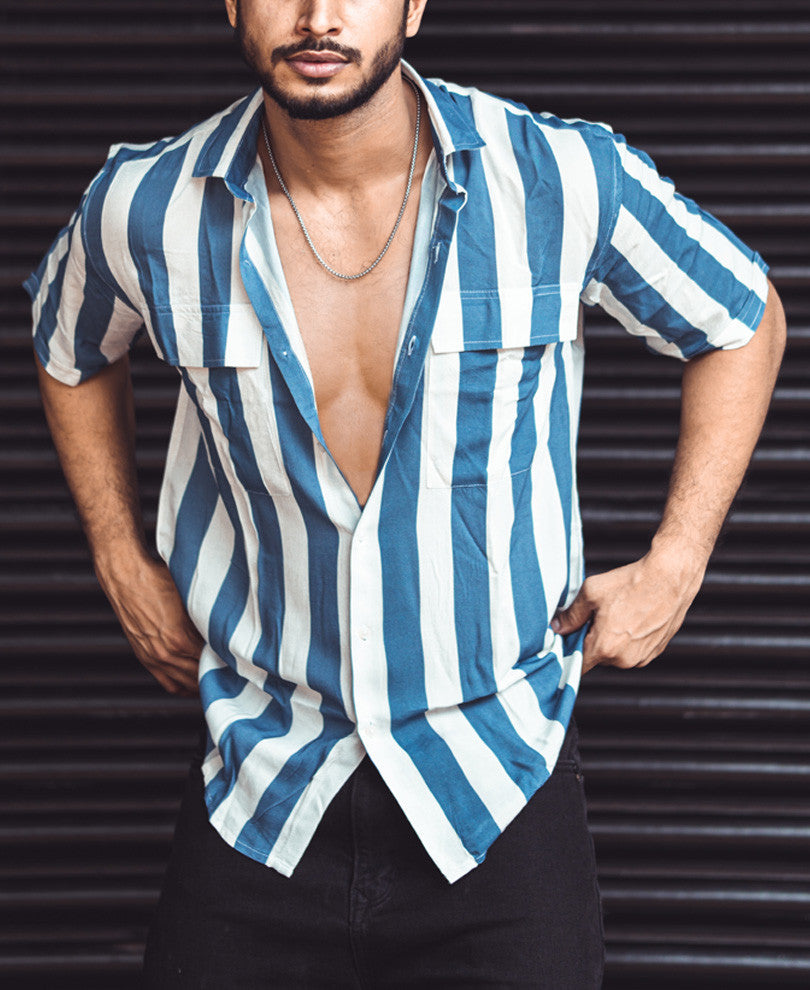 White And Blue Vertical Stripe Pocket Oversize Drop Shoulder Shirt