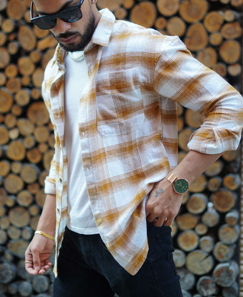 Camel Pocket Checks Oversize Drop Shoulder Shirt