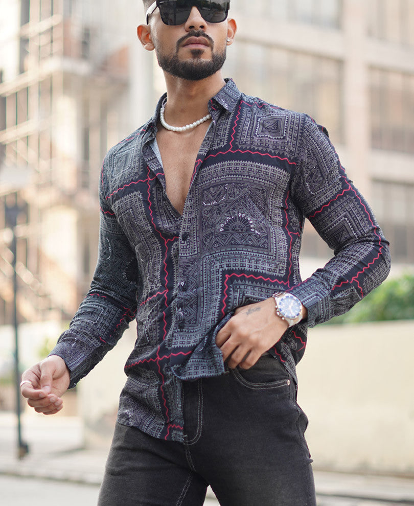 Black Mandala Art Print Full Sleeves Shirt