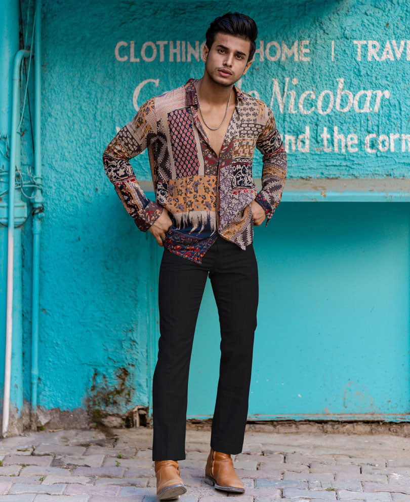 Brown Abstract Print Full Sleeves Shirt