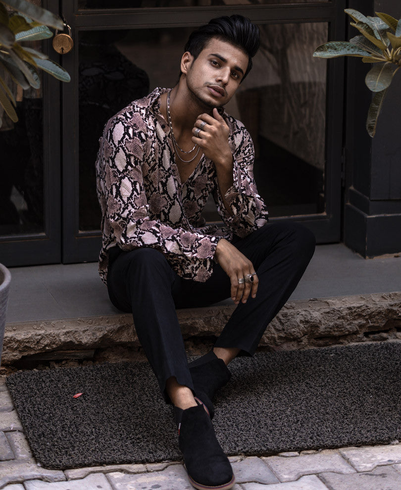 Beige Snake Skin Print Full Sleeves Shirt