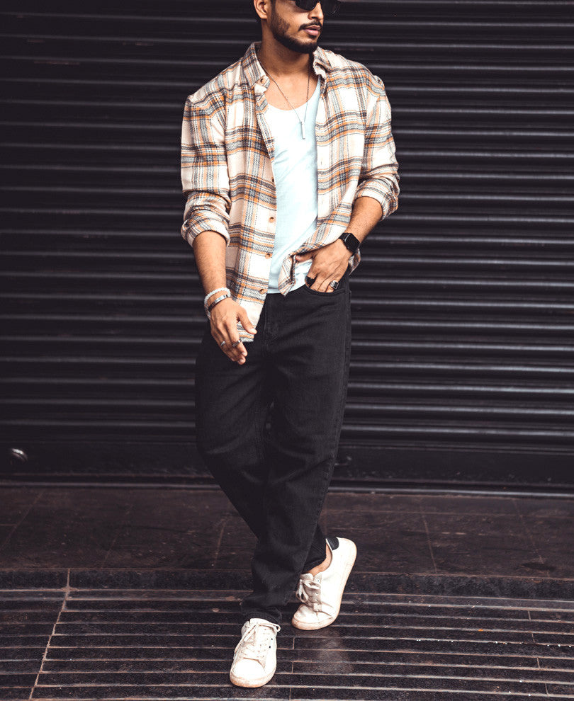 Cream And Mustard Checks Oversize Drop Shoulder Shirt