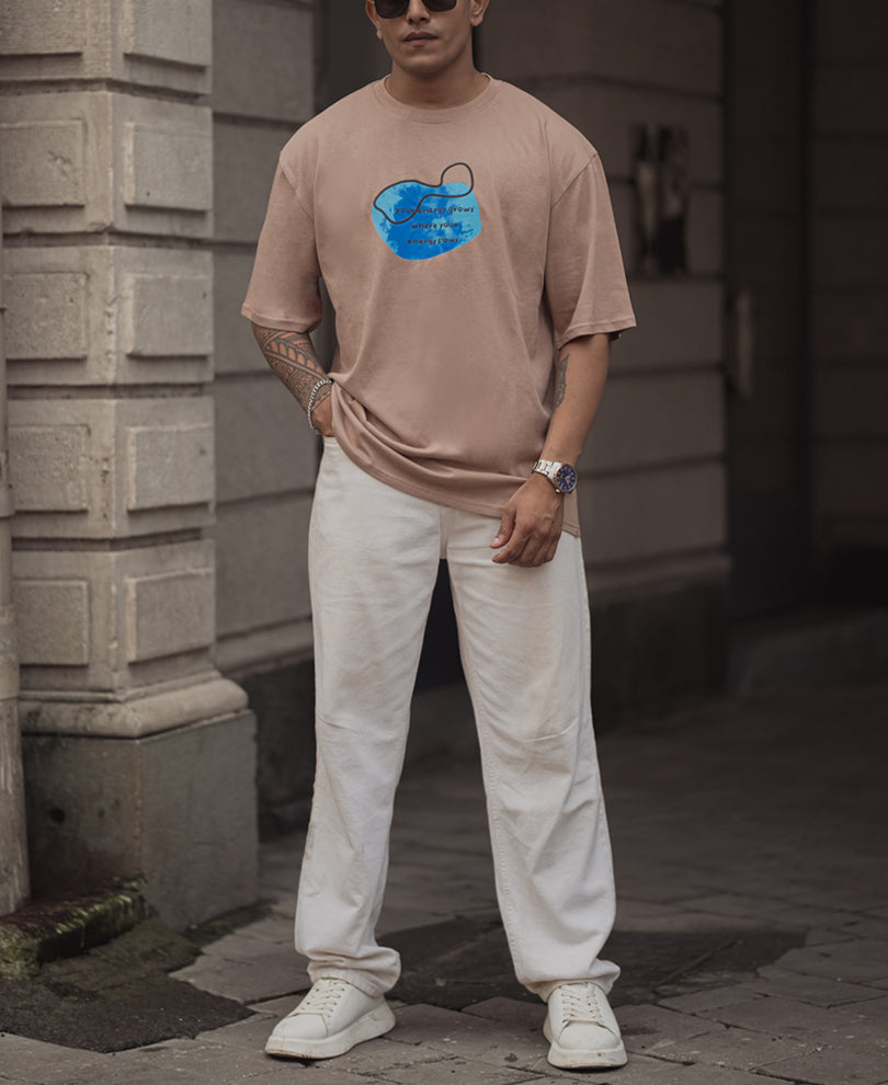 Beige Printed Oversized Half Sleeve T-Shirt