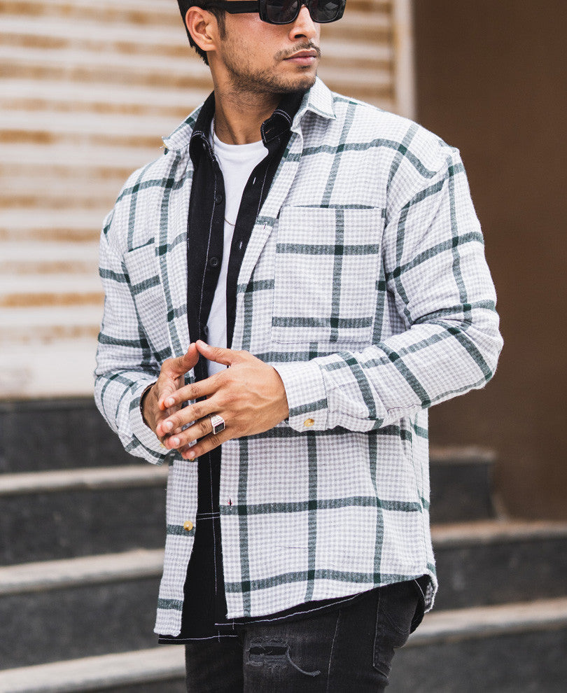 White Chest Pocket Checks Oversize Drop Shoulder Shirt