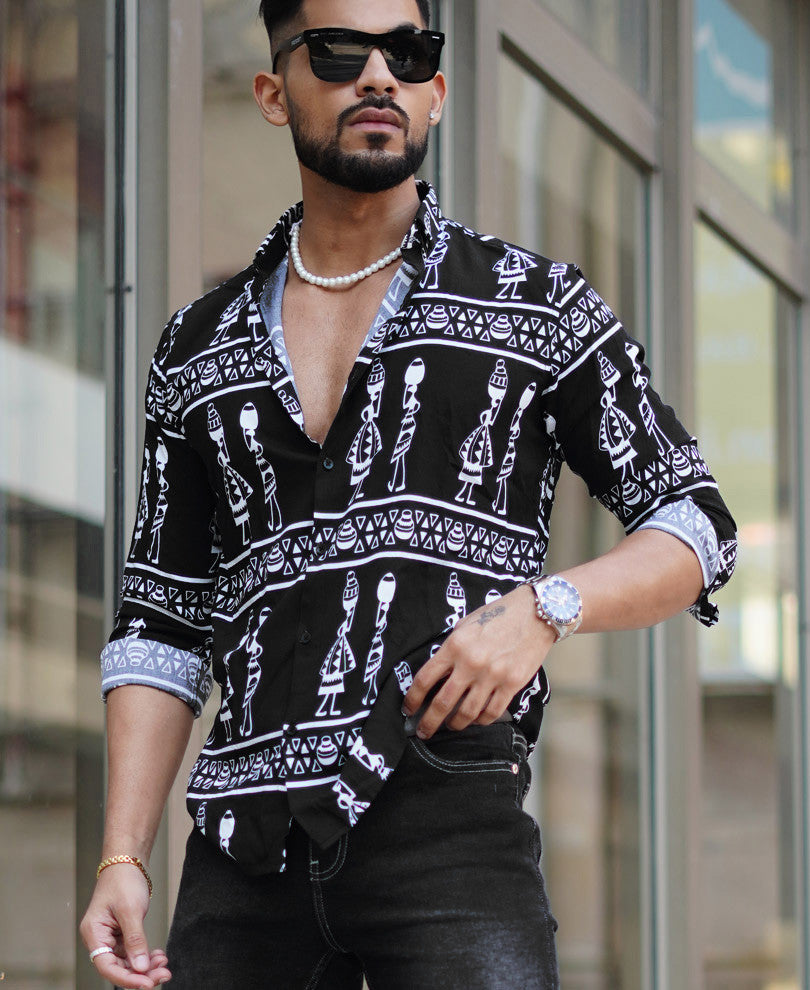 Black Ancient Print Full Sleeves Shirt