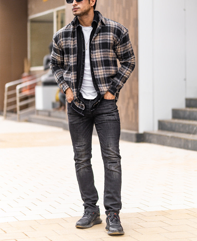 Dusty Black And Grey Checks Oversize Drop Shoulder Shirt