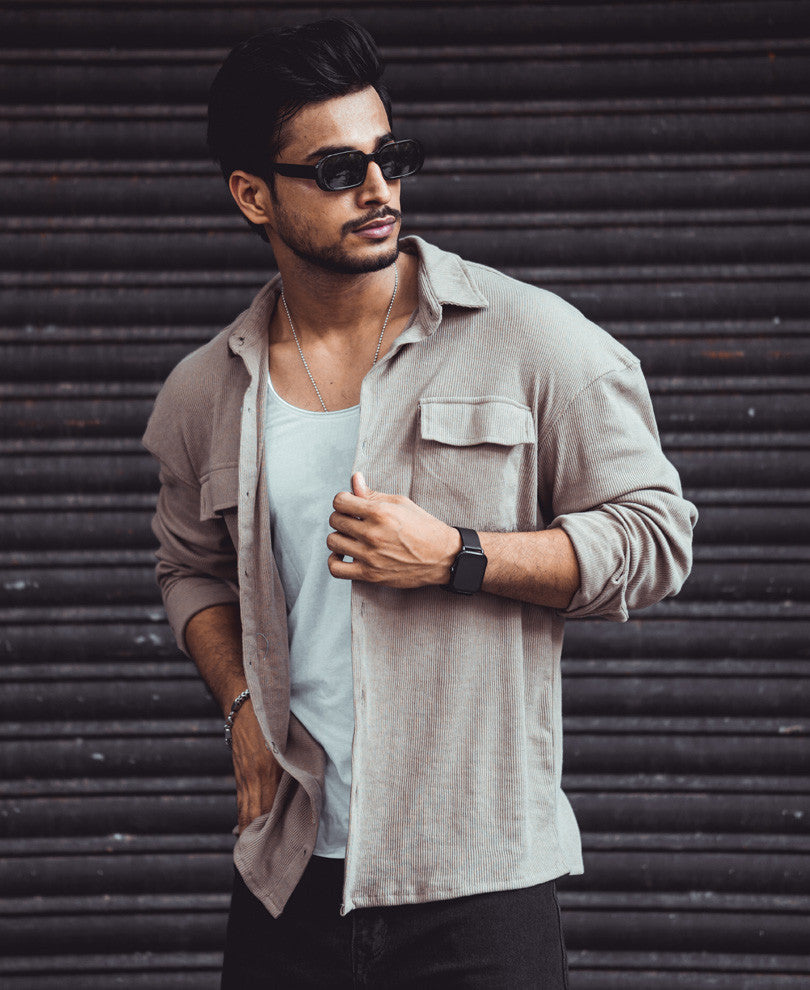 Beige Chest Pocket Oversize Drop Shoulder Shirt