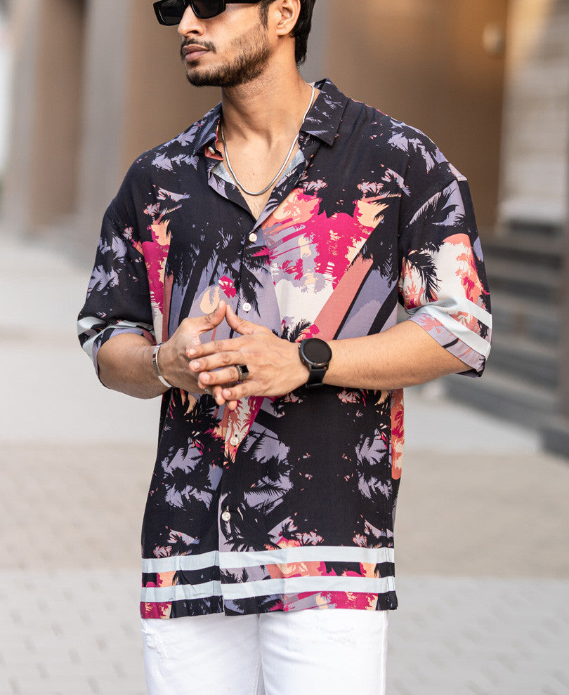 Black Hawaiian Print Oversize Drop Shoulder Shirt
