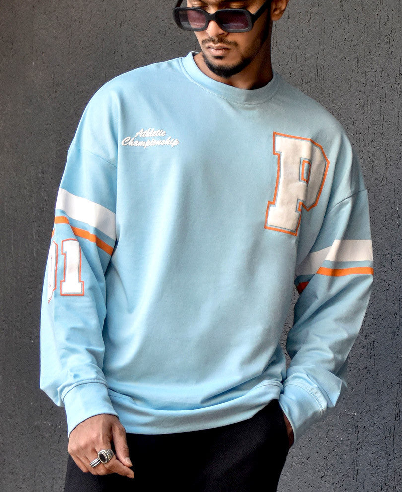 Sky Blue Chest Print Oversize Drop Shoulder T Shirt