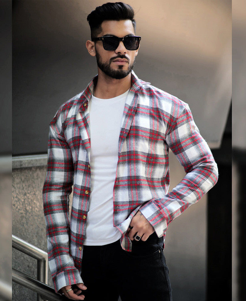Red And White Checks Oversize Drop Shoulder Shirt