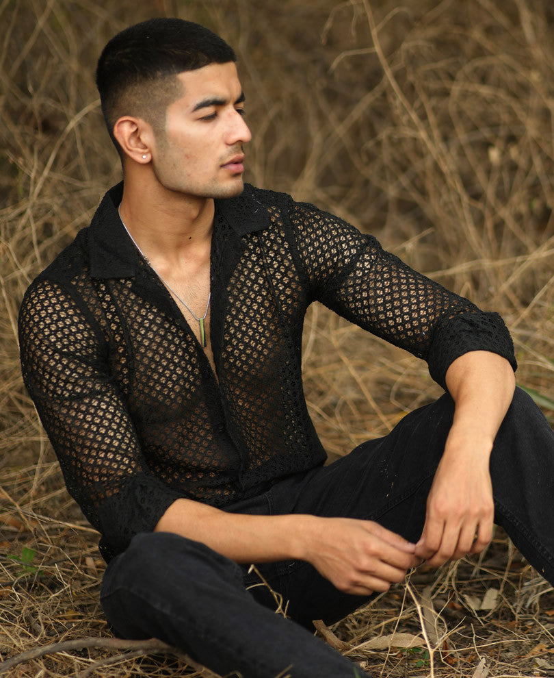 Black Sheer Pattern Full Sleeves Shirt