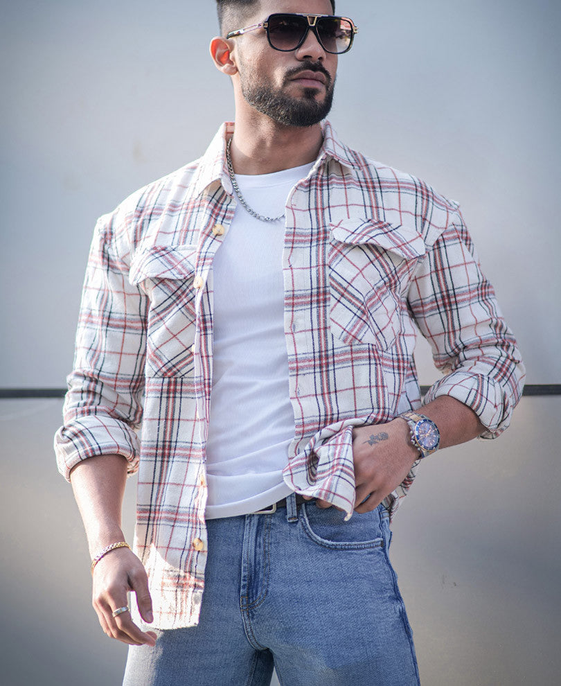 Cream Pocket Checks Oversize Drop Shoulder Shirt