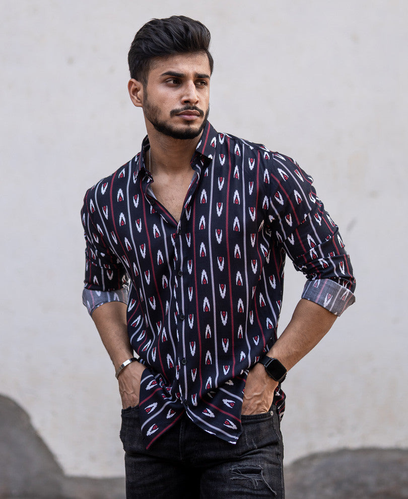 Black Motifs Printed Full Sleeves Shirt