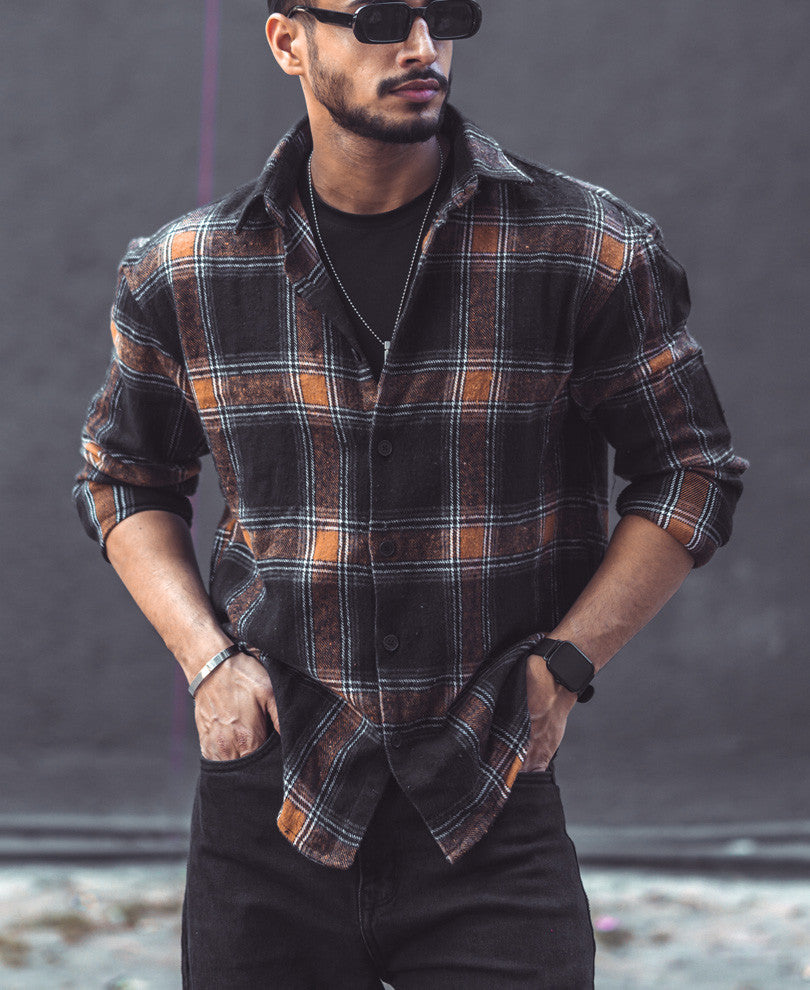 Black And Camel Checks Oversize Drop Shoulder Shirt
