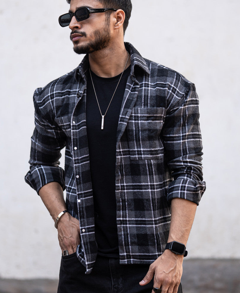 Dark Grey Pocket Checks Oversize Drop Shoulder Shirt