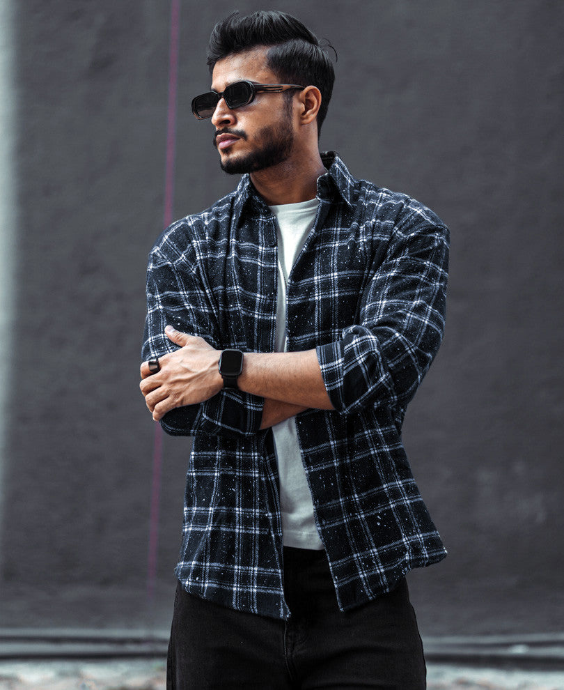 Dusty Black Plaid Checks Oversize Drop Shoulder Shirt