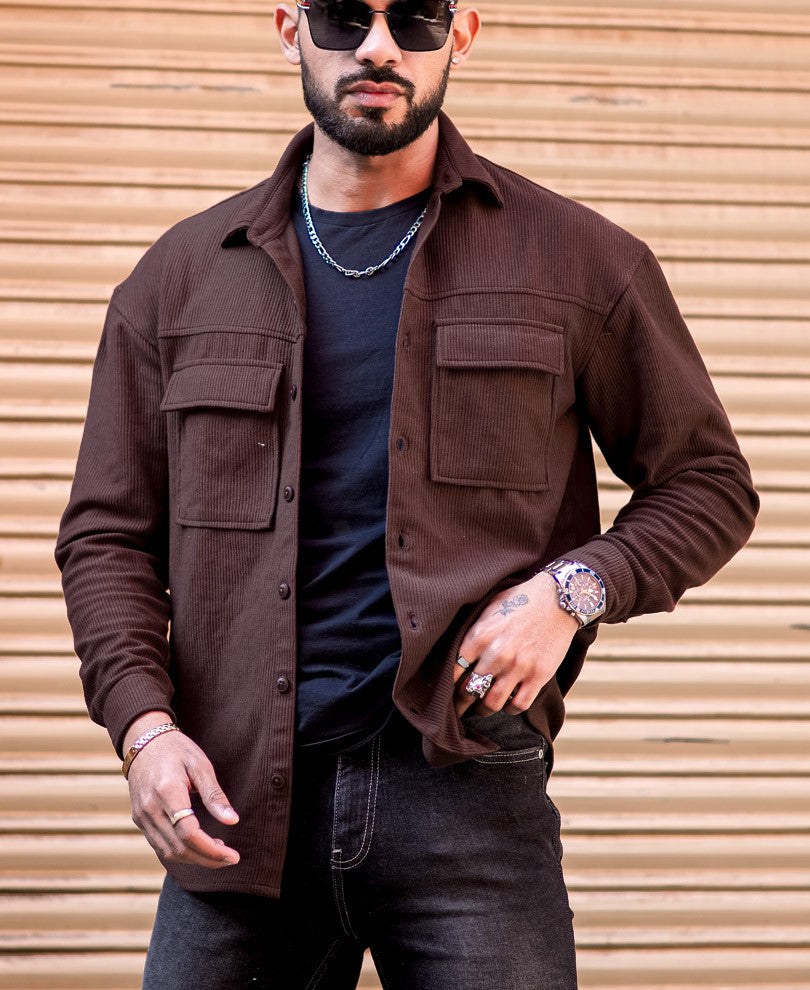 Dark Brown Shacket Pocket Oversize Drop Shoulder Shirt