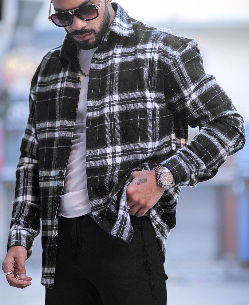 Black Plaid Checks Oversize Drop Shoulder Shirt D