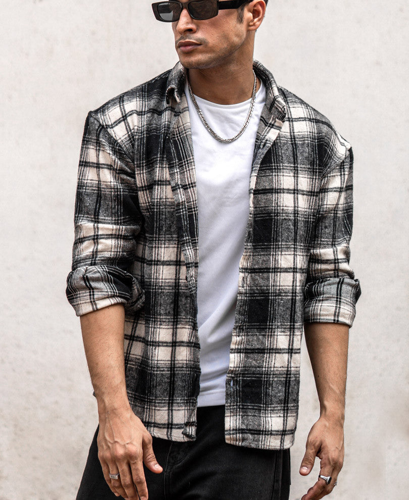 Cream And Black Checks Oversize Drop Shoulder Shirt