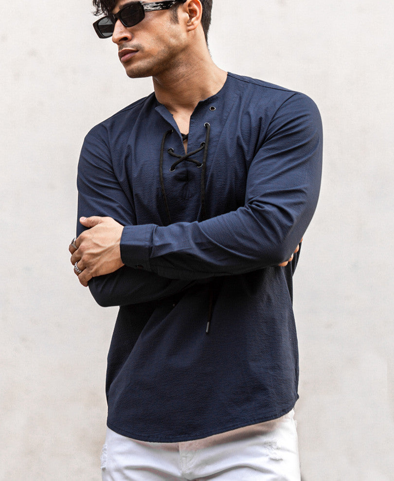 Navy Blue Plain Kurta Style Full Sleeves Shirt