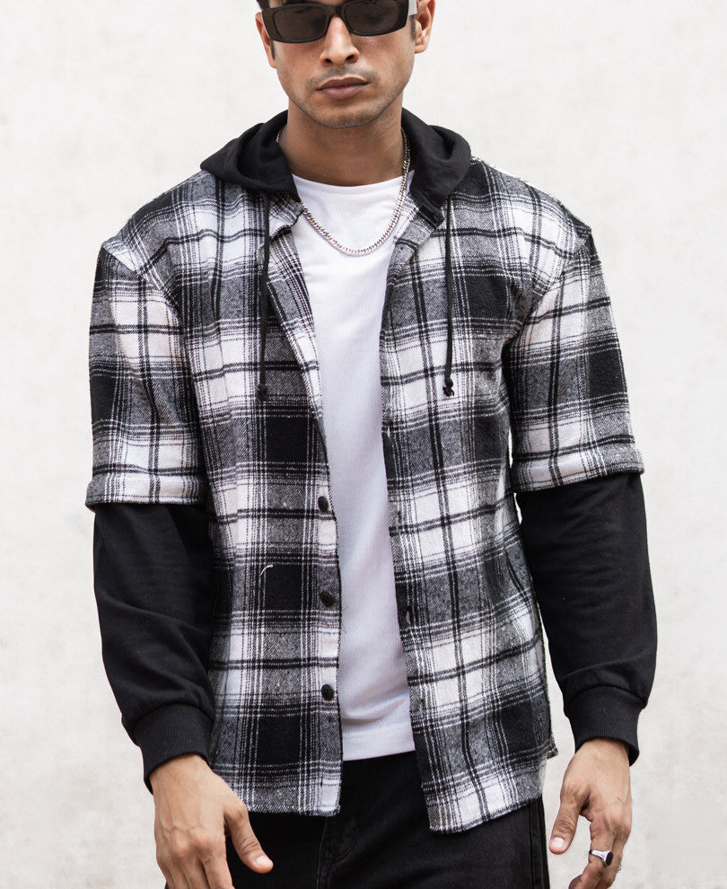 Black Check Hoodie Oversize Drop Shoulder Shirt