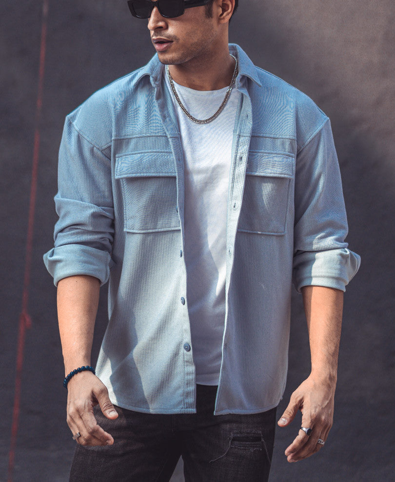 Sky Blue Chest Pocket Oversize Drop Shoulder Shirt
