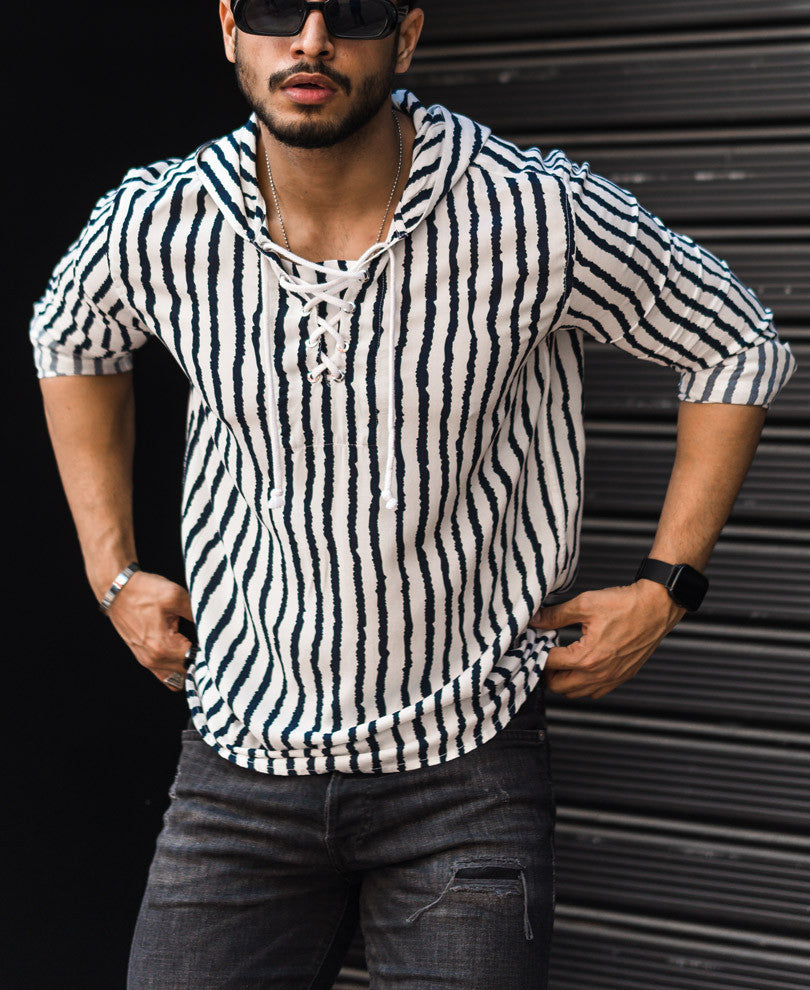 White Stripe Hooded Kurta Style Full Sleeves Shirt